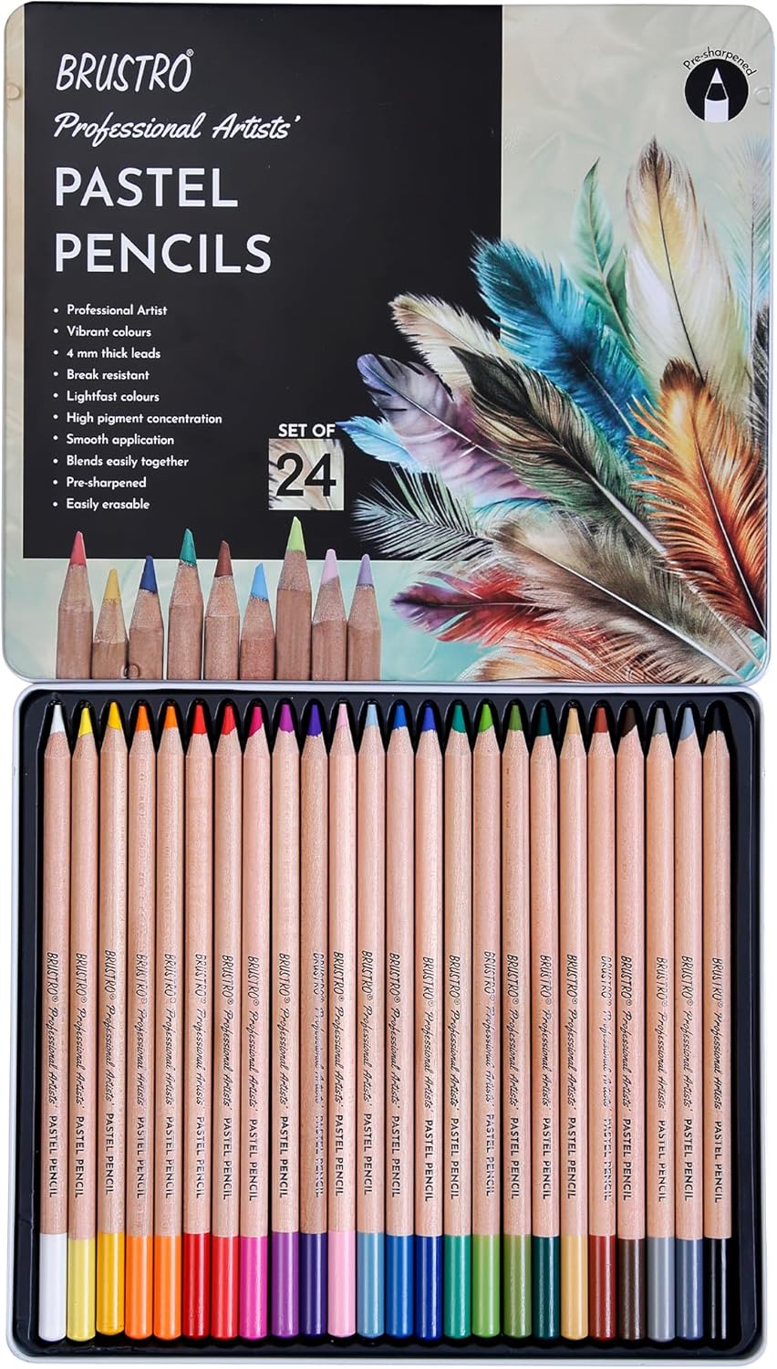BRUSTRO Artists Pastel Pencils - Set of 24 Shades - 4mm Lead | Break Resistant, Erasable, High Pigmented, Vibrant Colours | Ideal for Drawing, Sketching, Mandala, Shading, Portrait, Fine Art Students.