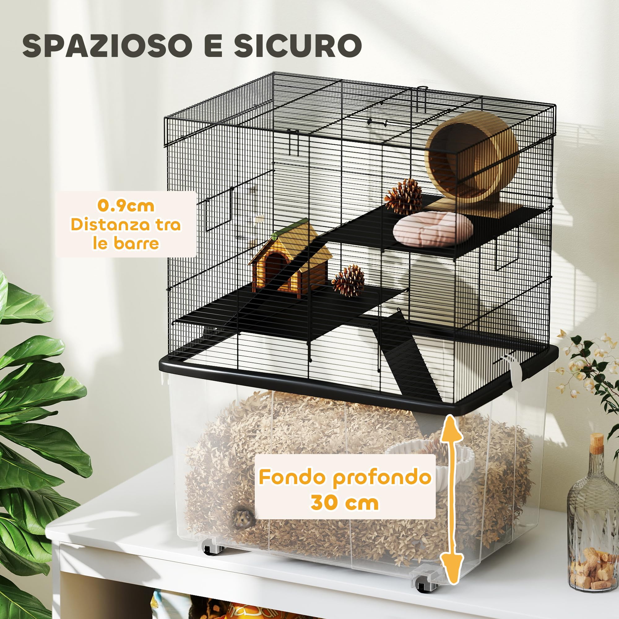PawHut Gabbia per Criceti a 3 Livelli con Base Profonda 31 cm e Ruote, Casetta per Gerbilli con Rampe, Ciotola, Bottiglia, 58x43x74 cm, Nero