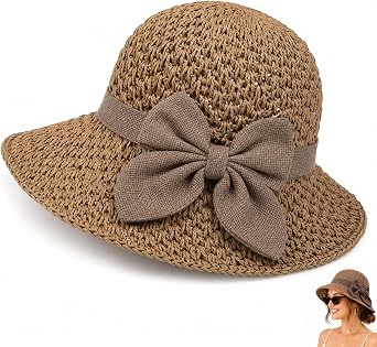 Versatile Woven Straw Sun Hat for Women,Womens Sun Hat,Wide Brim UV Protection Foldable Beach Hat with Bow, Summer Hats