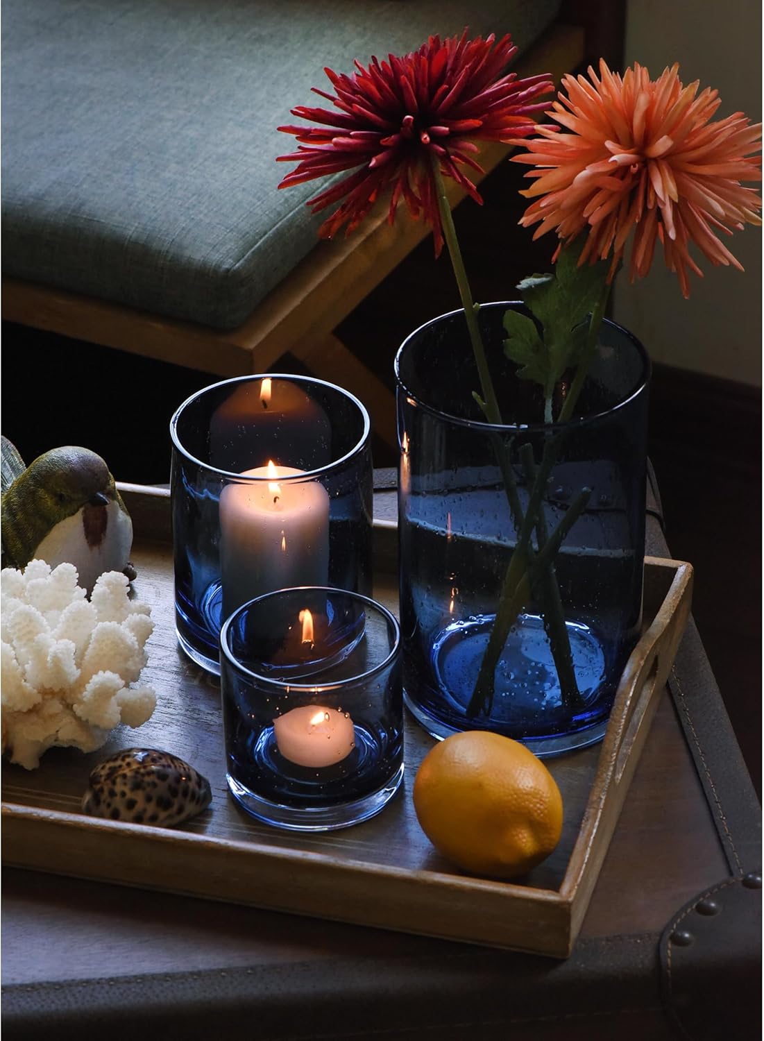 ARIAMOTION Blue Candle Holder for Pillar Tealights Modern Bubbles Glass Hurricane Cylinder Vases Table centerpieces Kitchen Island Dining Room Coffee Bar 8" 5" 3.5" Height Set 3 - Image 4