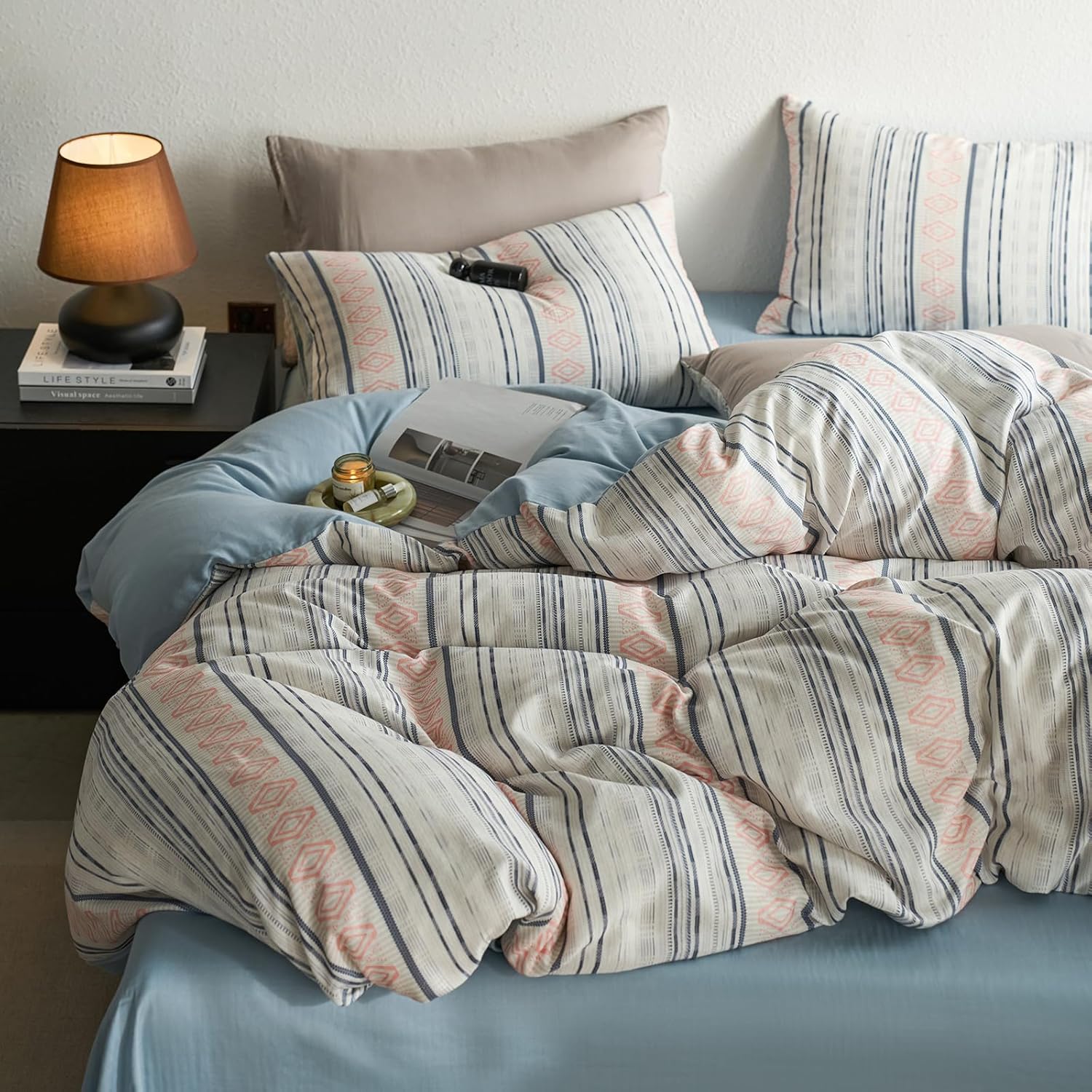 Boho Duvet King Cover Lyocell Cotton Blend Summer King Size Comforter Cover Striped Cooling Double-Layer Yarn Girls Duvet Cover Set with 4 Corner Ties Bohemian Cozy Bedding Cute Duvet Protector
