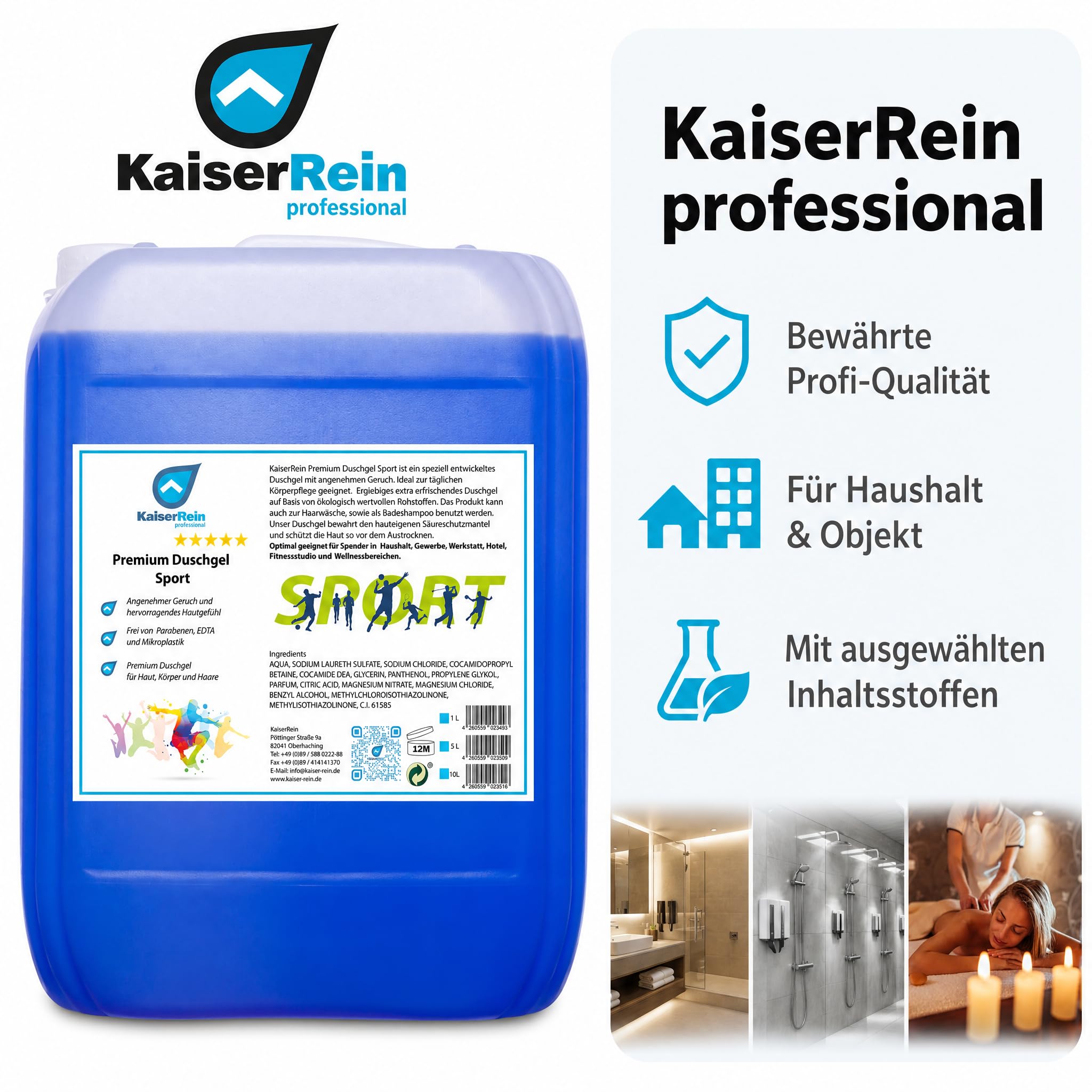 KaiserRein Duschgel Sport, Premium Duschgel für Herren und Damen, 10 L Kanister als Nachfüllpack für Spender, mikroplastikfrei, ohne Parabene und EDTA, für Körper, Haare & als Badezusatz