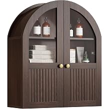 Arched Bathroom Wall Cabinet, 24 x 28 Inch Over The Toilet Storage Cabinet with Glass Door, Fluted, Adjustable Shelf, Wall Mounted Floating Wooden Medicine Cabinets for Bathroom Laundry Room, Walnut