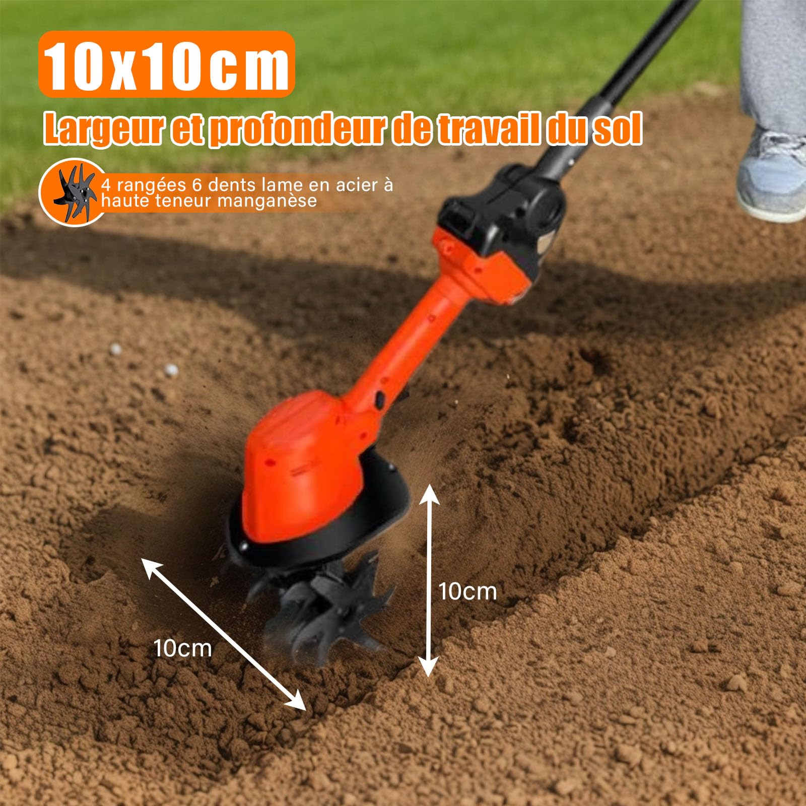 Motobineuse Électrique Sans Fil, 21V Motoculteur Portable avec Batterie et Charge, 235 RPM, Manche Amovible, Largeur/Profondeur de Travail 10/10 cm, Cultivateur pour Yard, Culture du Sol (2 Batteries)