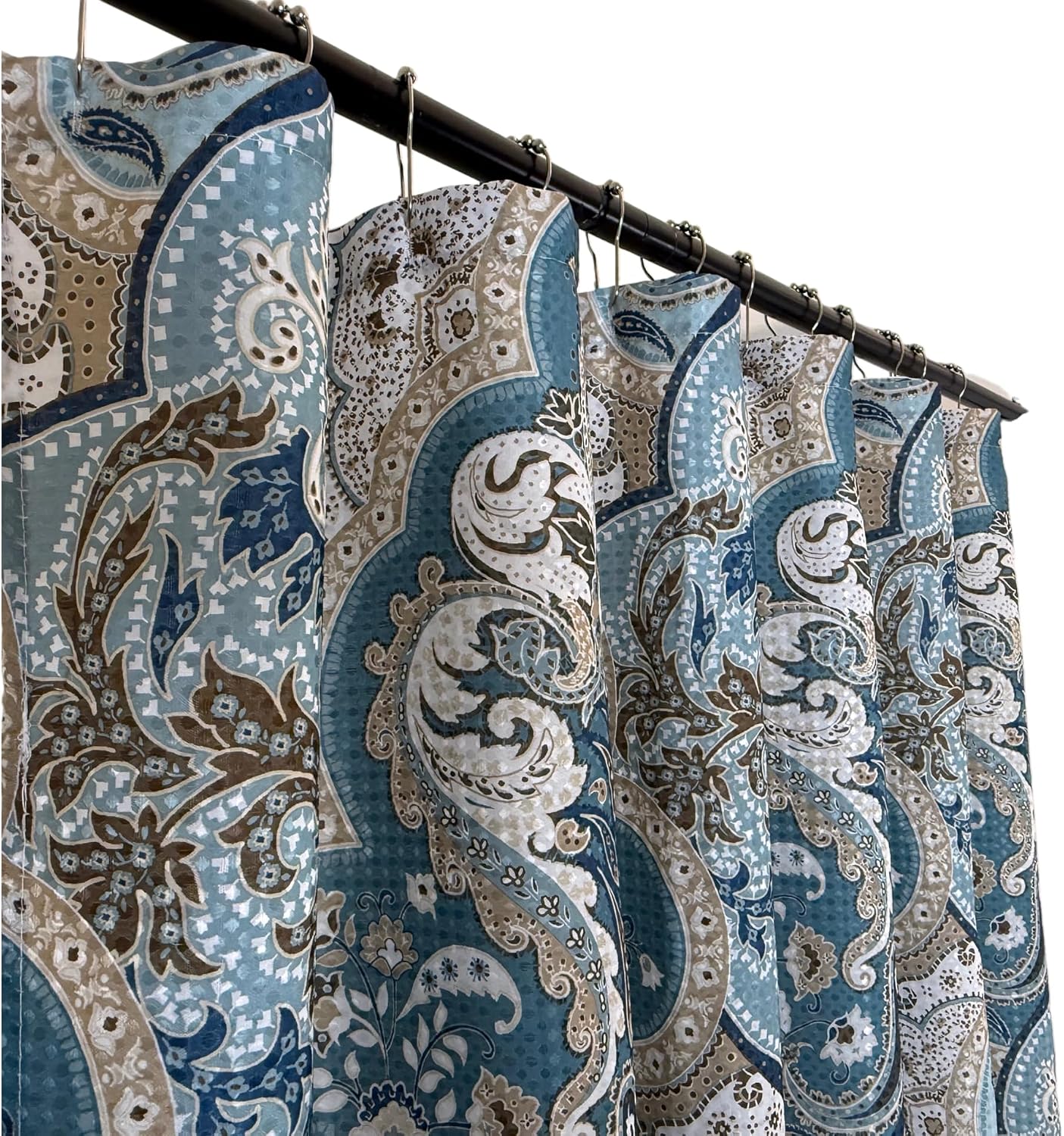 Decorative Blue Brown Boho Floral Fabric Shower Curtain for Bathroom, 72x72