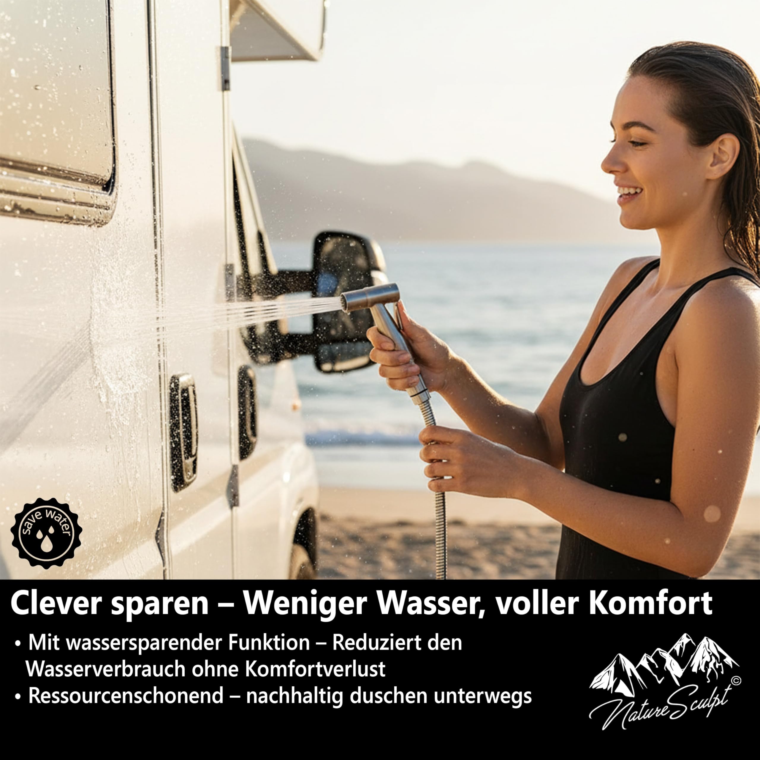 Pommeau de douche mobile pour camping en acier inoxydable, alimentation en eau réglable, tuyau de 1,2 m, compact et idéal pour l'extérieur, vanlife et camping-car (chrome)