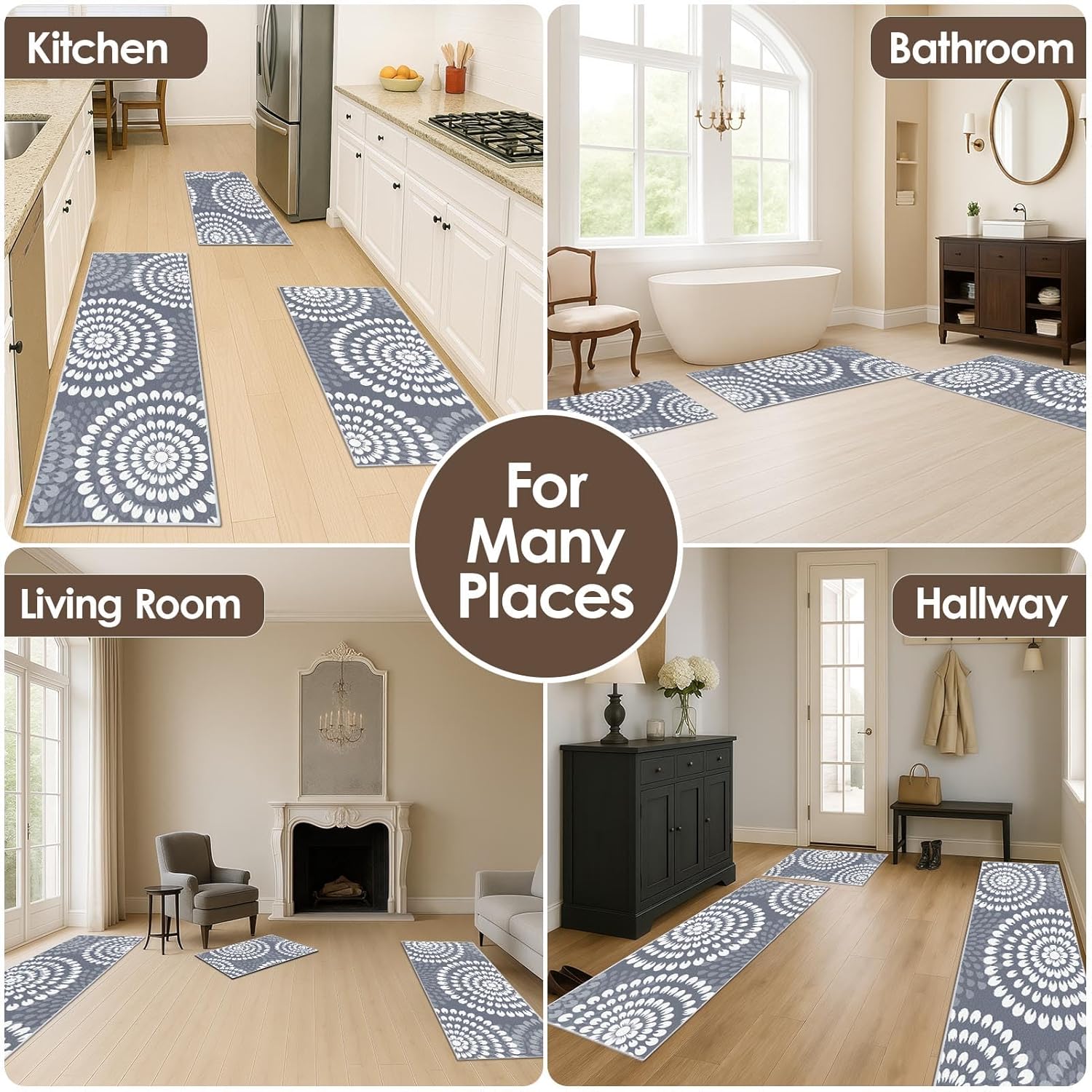 Grey Kitchen Rugs Sets of 3, Non Slip Washable Farmhouse Kitchen Mats for Floor, Area Runner Rug for Laundry Room and Hallway