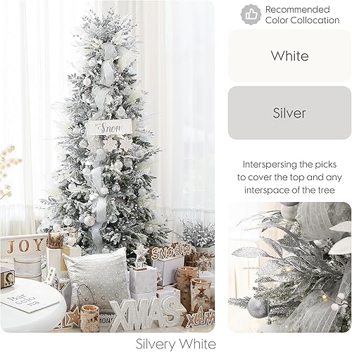 Miniatura 8 de Sea Team Paquete de 6 adornos de hojas artificiales con purpurina, palos decorativos, ramitas brillantes, tallos, púas, ramas para árbol de Navidad,