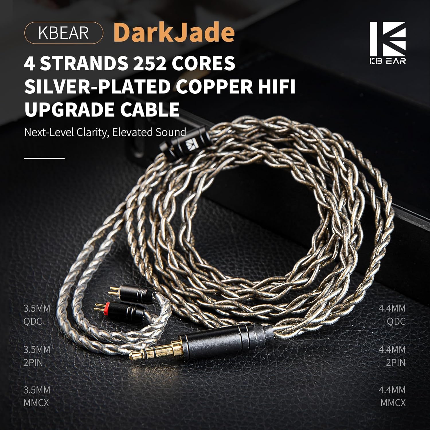KBEAR DarkJade in Ear Monitor Cable HiFi IEM Cable, 4 Strands 252 Cores 6N Silver-Plated Copper + Silver Foil Cord for KZ ZS10 PRO, ZS12 PRO, ZAR, ZAS, AS24, Tangzu Wan'er, CCA CRA (Grey, 2PIN-3.5mm)