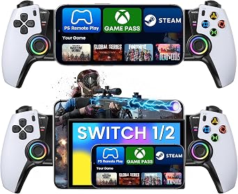 スマホコントローラー Bluetooth iOS/Android両用 ゲームコントローラー 伸縮型 PS Remote Play/Xbox Cloud/Steam Link/GeForce Nowゲームなど対応 低遅延 600mAhバッテリー LEDライト 黒