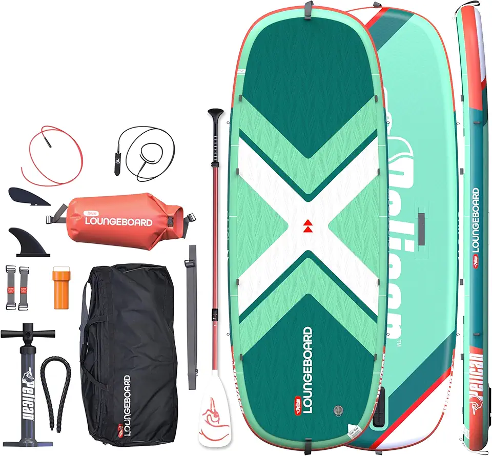 Pelican LoungeBoard Inflatable SUP - Recreational Stand Up Paddle Board - Yoga and Adventure Ready - Bag &amp; Paddle Included - 9ft - Turquoise