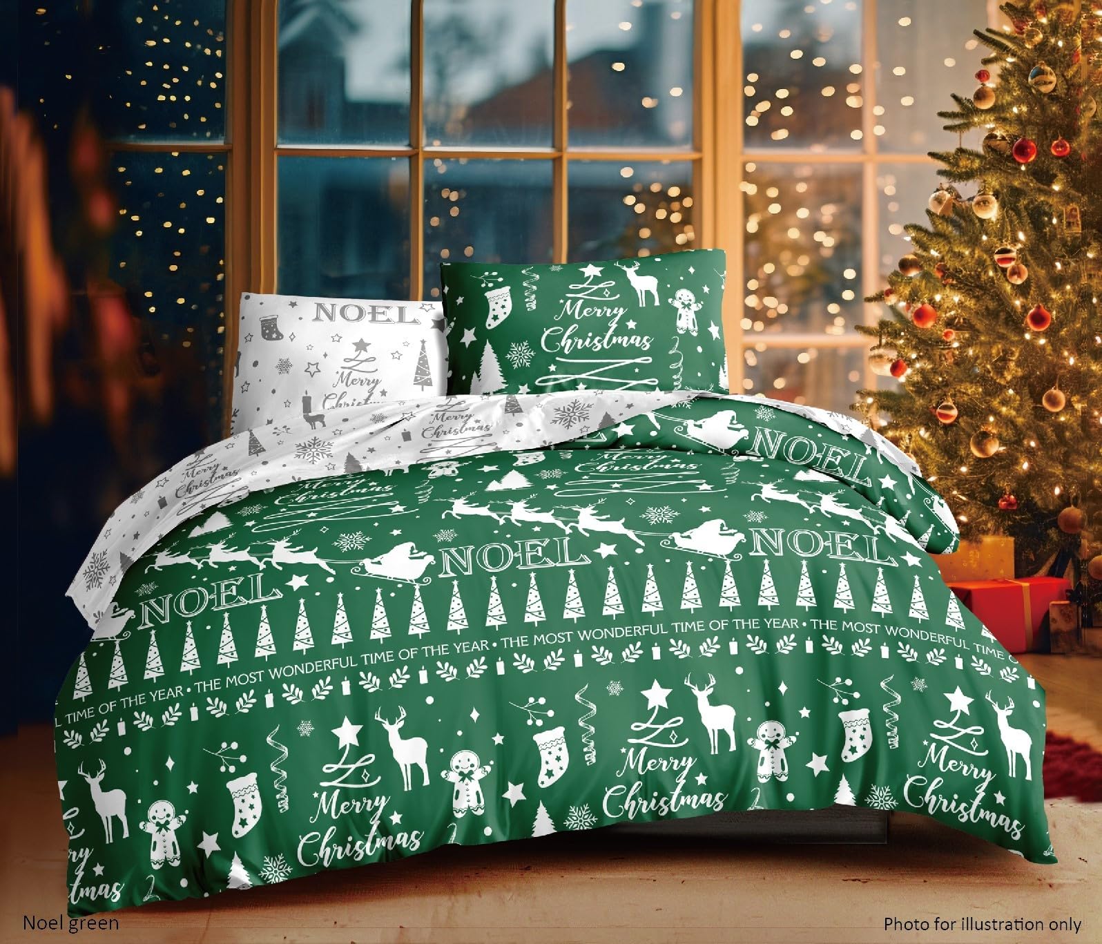 Charlotte Andersen Green Merry Christmas Bedding Double Duvet Cover Set Reversible – Noel Festive Xmas Bedding Set For Adults & Kids – Soft & Easy Care (, Double)