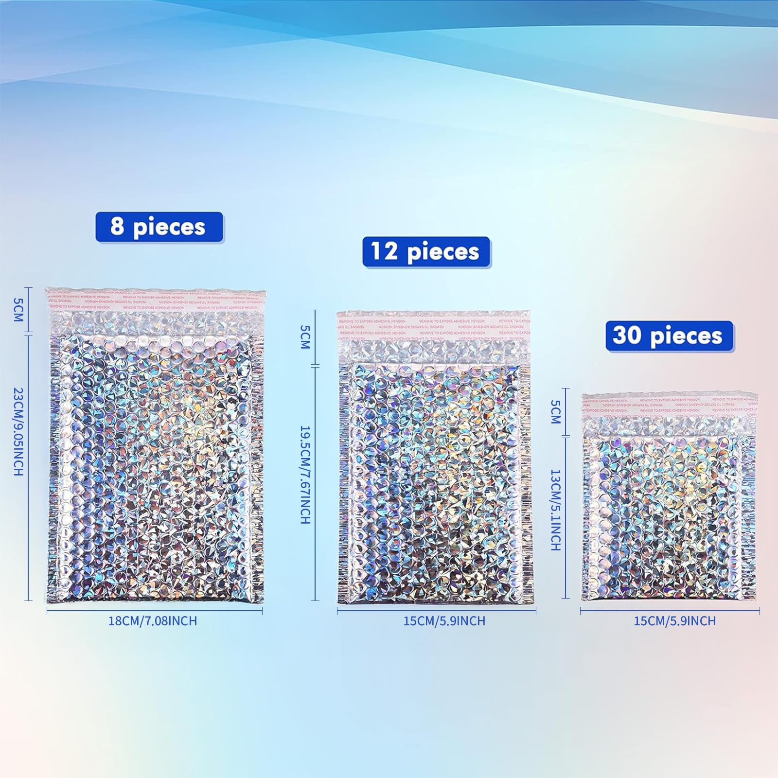 50 buste imbottite metallizzate con bolle per spedizione, buste in polietilene, con glitter imbottite, chiusura adesiva, buste per spedizioni di imballaggi (colore arcobaleno)