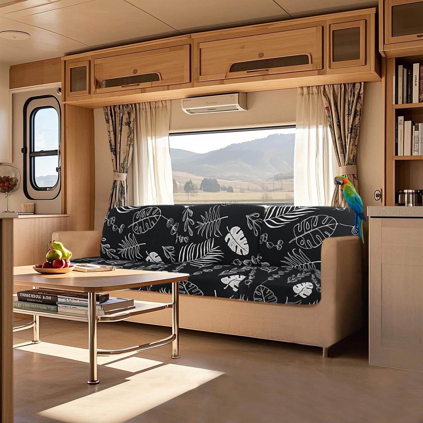 VFGFDJNDFX New Printed Sofa Cushion Covers for Camper, Super Stretch Caravan Sofa Seat Cover, Non-Slip Rv Dinette Bench Protector Cover (Black Leaf,Large 4-seater)