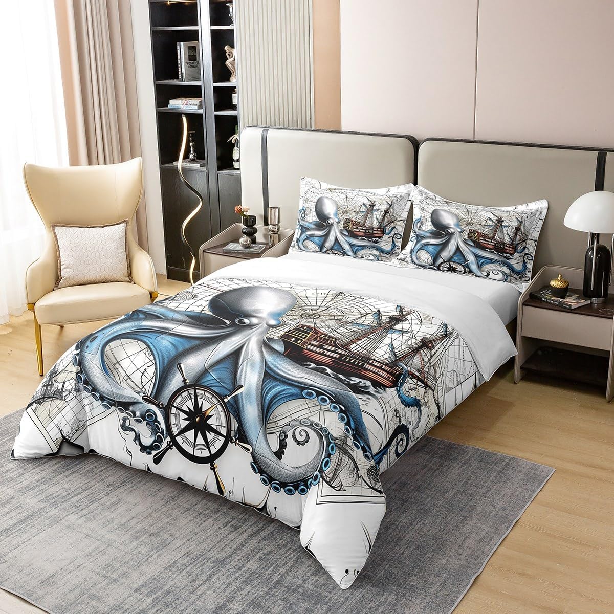 Manfei Ocean Octopus Duvet Cover 100% Nature Cotton Twin Size,Nautical Adventure Vintage Compass Sailboat Comforter Cover (NO Comforter),Rustic Farmhouse Coastal Cabin Decor Super Soft Bedding