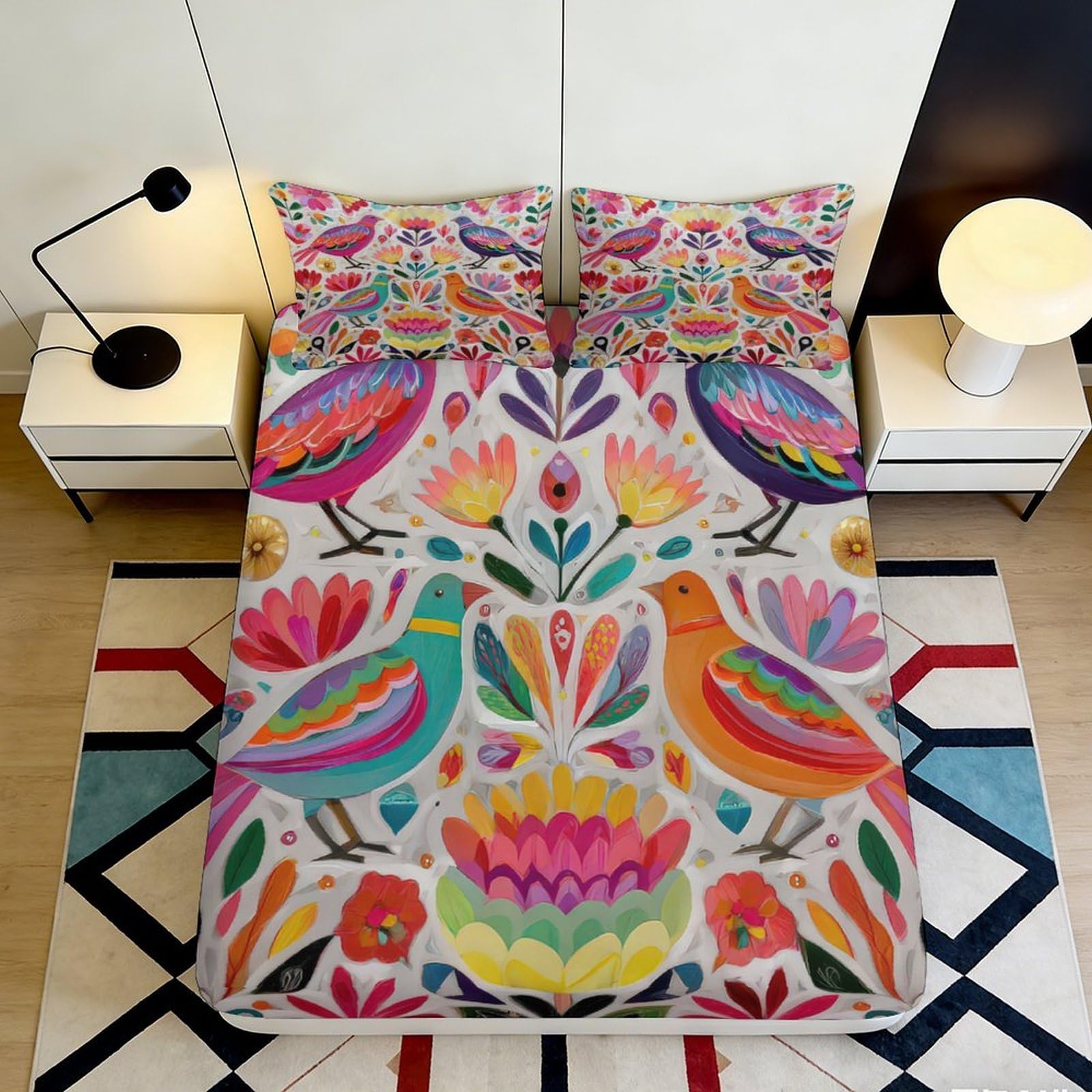 Jqzkxnhpbr Style-4 3D Printed Colorful Bird Floral Fitted Sheet Microfiber Soft Decorative Boho Mattress Cover For Bedroom Dorm 90X200x25cm