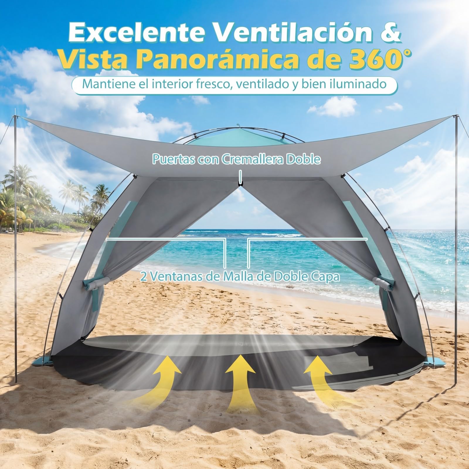 COSTWAY Tienda de Playa Plegable, 3-4/5-6 Personas, Carpa Camping con Toldo,Protección Solar UPF50+, Revestimiento Plateado, Bolsa de Transporte, Ventanas, Tienda de Campaña (260 x 150 x 160 cm,Azul)