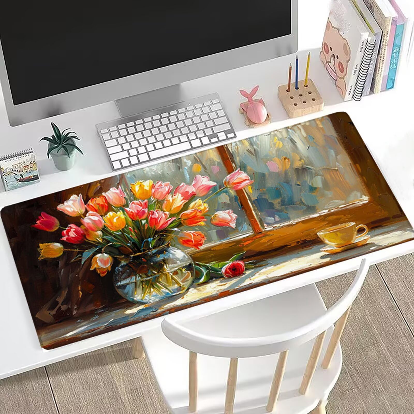 Gamingowa podkładka pod mysz, tulipan, XXL, 120 x 60 cm, podkładka pod mysz, podkładka na biurko, zoptymalizowana precyzja i prędkość, z gumowaną antypoślizgową podstawą, wodoodporna, H0-1027