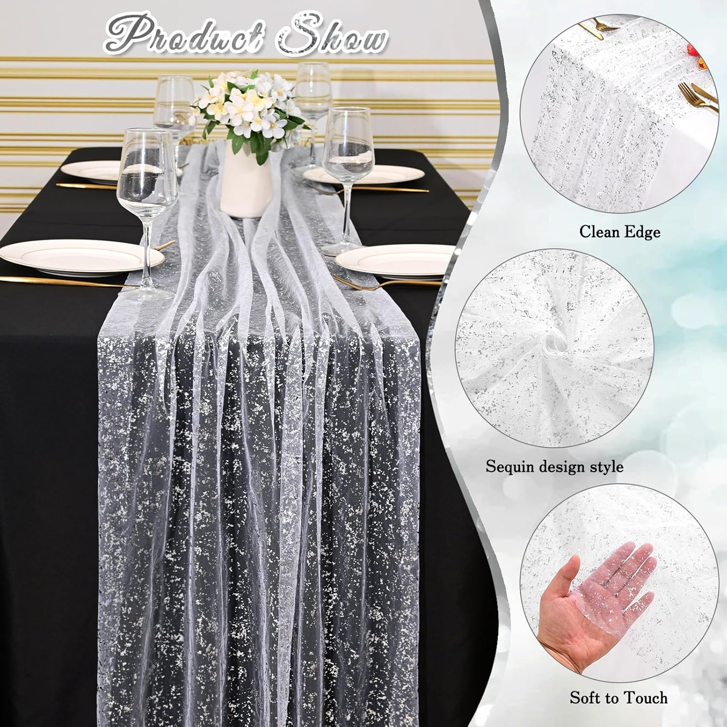 6 Pack Silver White Sequin Table Runner 28x120 Inch Glitter Sheer Gauze Tablecloth for Wedding Birthday Party Decor, Holiday Christmas Dinner Table Decorations
