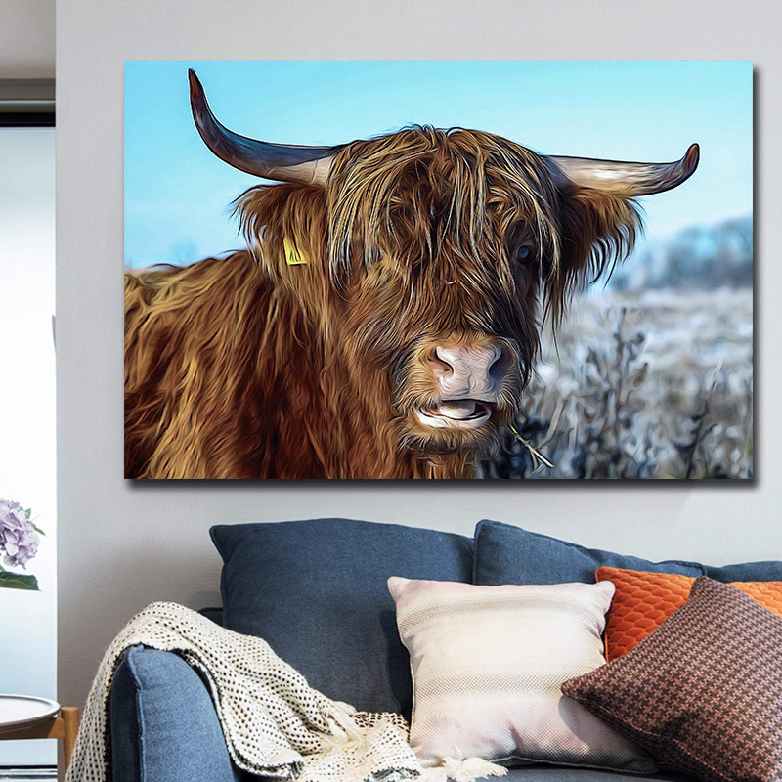 Yooyu Arte de la pared de la vaca Enmarcado Pintura abstracta de la lona Minimalismo Estampados de vacas peludas Cartel de toro imprimible animal para la sala de estar 80x140cm (31x55in) con marco