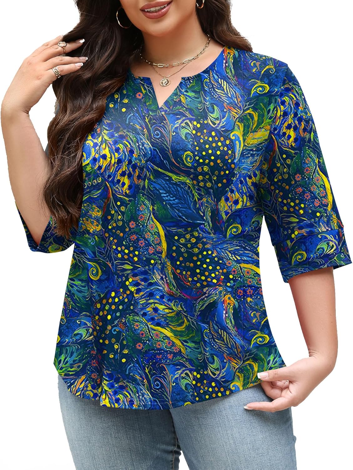 TFSDOD Plus Size Tops for Women V Neck T Shirt 3/4 Length Sleeve Blouse Dressy Casual Tee Loose Fit XL-5X - Image 2