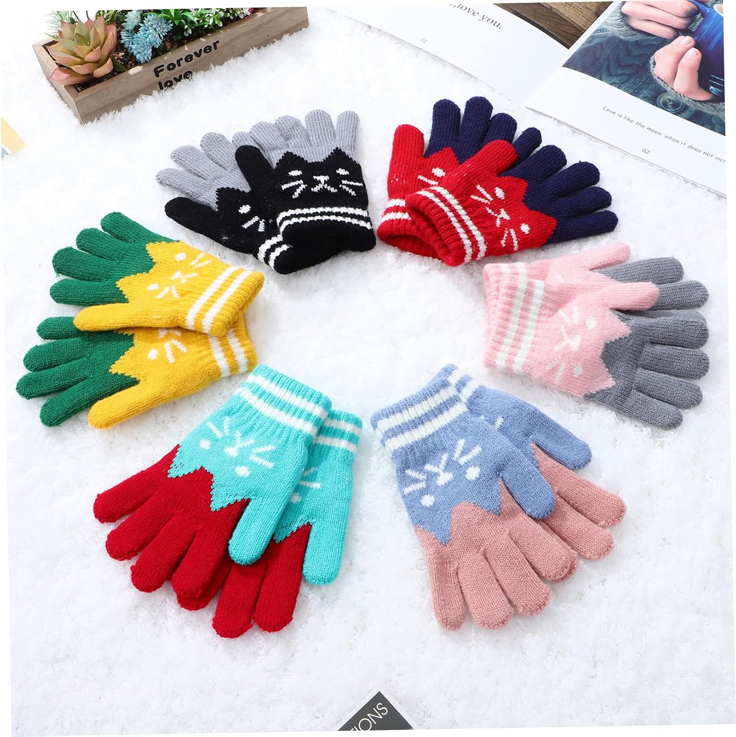 LIFKOME 6pairs Warm Knitted Gloves for Boy Girl Cute Kitten Pattern Boy Girl Mittens for Outdoor Activities Soft for Skiing and Snowboarding