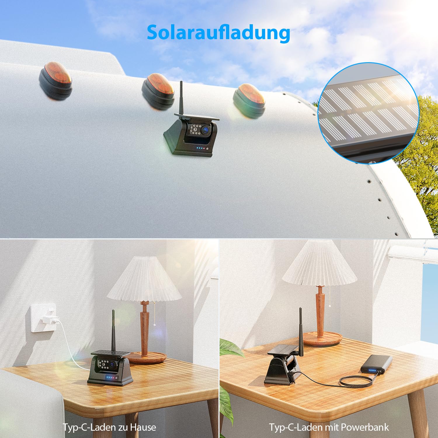 Rückfahrkamera Kabellos Solar 7" 9600mAh Akku 1080P HD Monitor IP69K Wasserdicht für Anhänger Wohnmobile LKWs