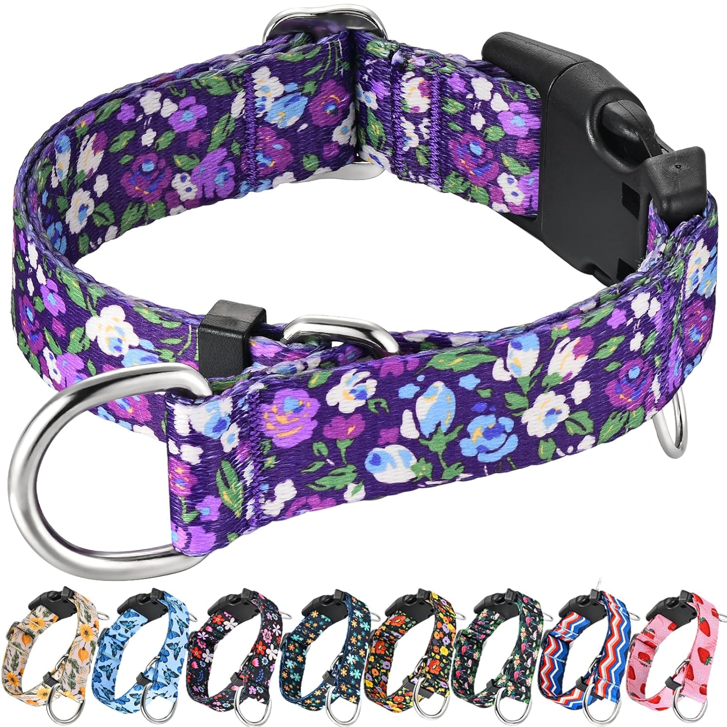 Martingale Collar for Dogs with Buckle Adjustable Nylon Slip No Pull Anti Escape Training Dog Collars (Purple Floral, Large)