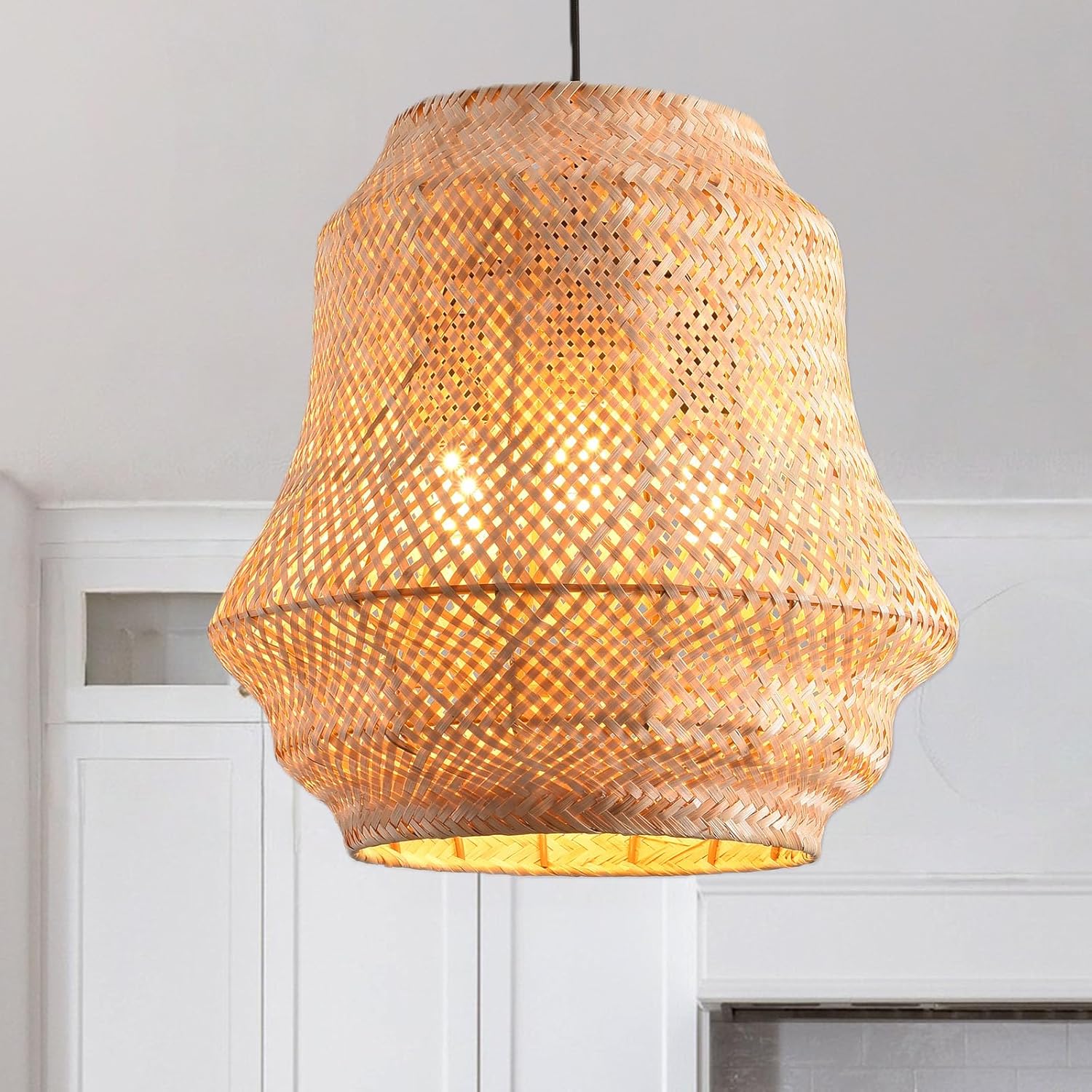 15.75" Bamboo Pendant ights,3 Ligh Boho Hanging Light Rattan Hand Woven Ceiling Wicker Chandelier for Farmhouse, Kitchen Island,Bedroom,Living Room,Dining Room Black+ Bamboo D:15.75"*H:15.75"