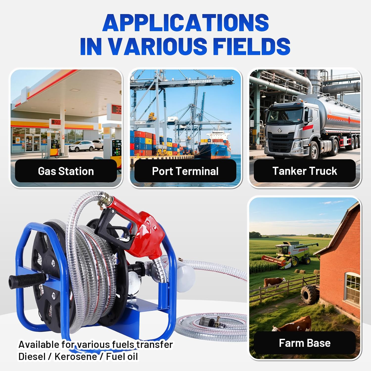 Manual Fuel Hose Reel with 380W Electric Diesel Transfer Pump & Fueling Nozzle - 24V, 13.2GPM Flow, 10+33ft Steel Wire Hose for Tank Trucks/Vessels