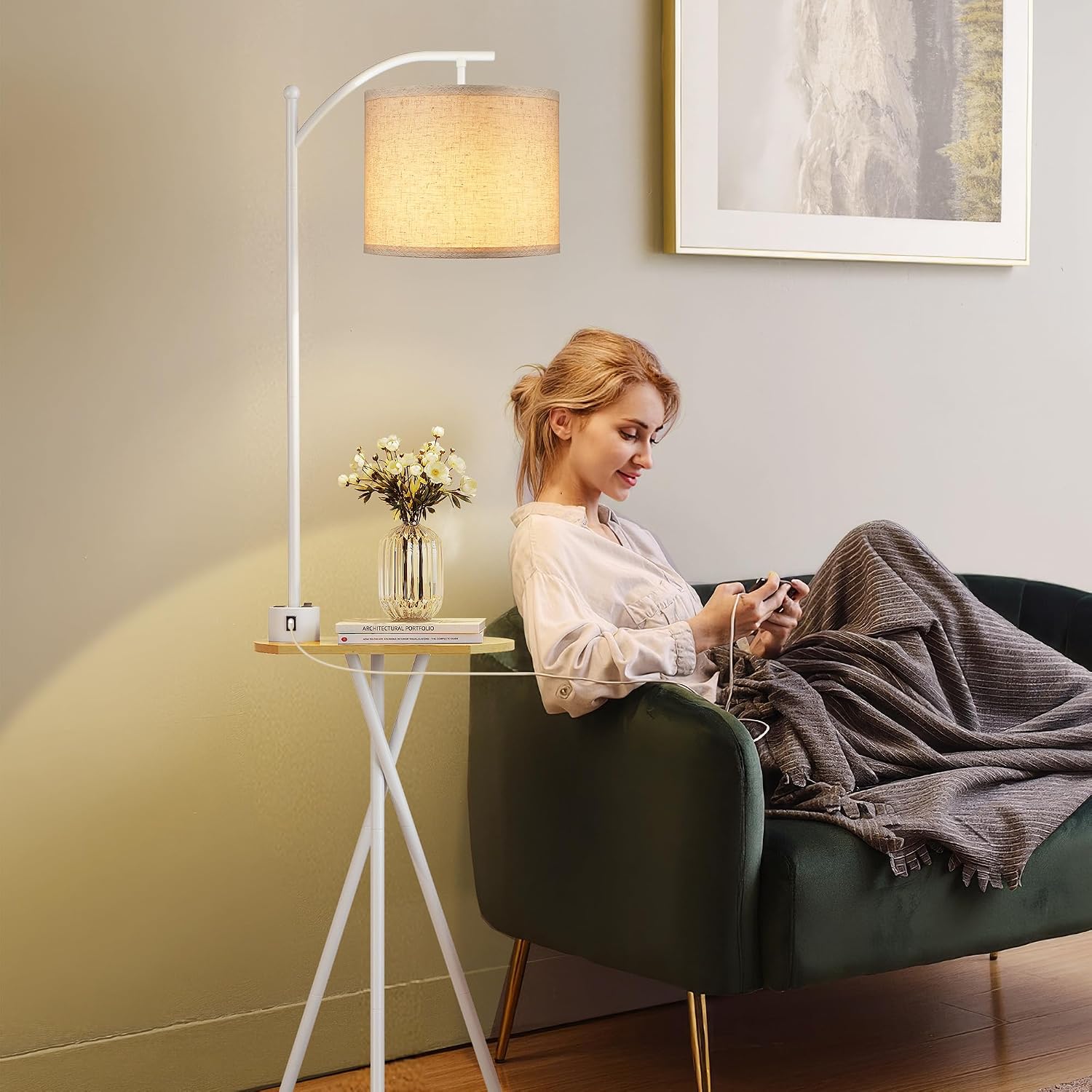ROTTOGOON Floor Lamp with Table, End Table Lamp with Remote Control and Charging Station(USB & Type-C & AC Port), 4 Color Temperatures, Floor Lamps for Living Room, Bedroom and Home Office,White