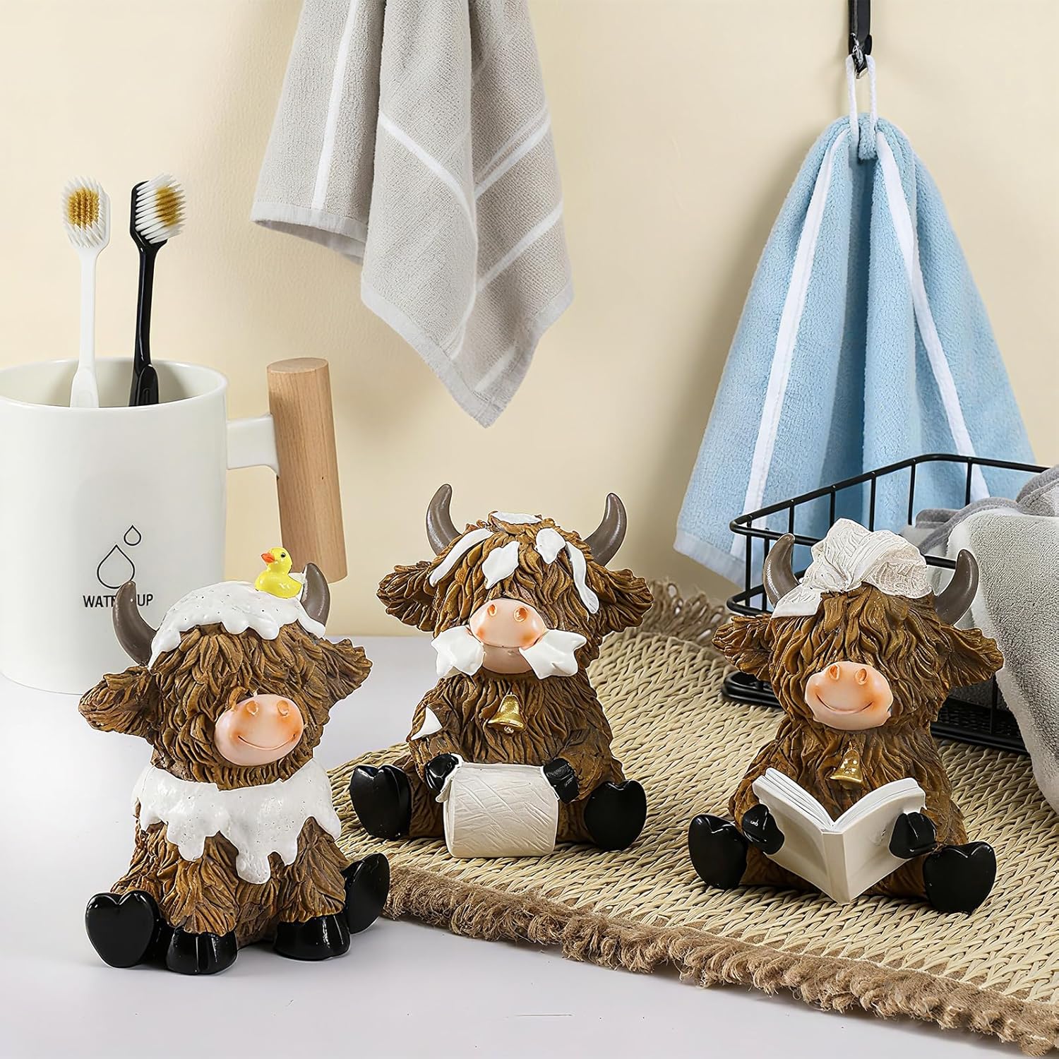 3 Pcs Highland Cow Bathroom Figurines Bathroom Theme Highland Cow Gnomes Bath Decor Resin Statue Calf Lovers Gifts for Farmhouse Home Garden Kitchen Office Tiered Tray Table Decor - Image 6