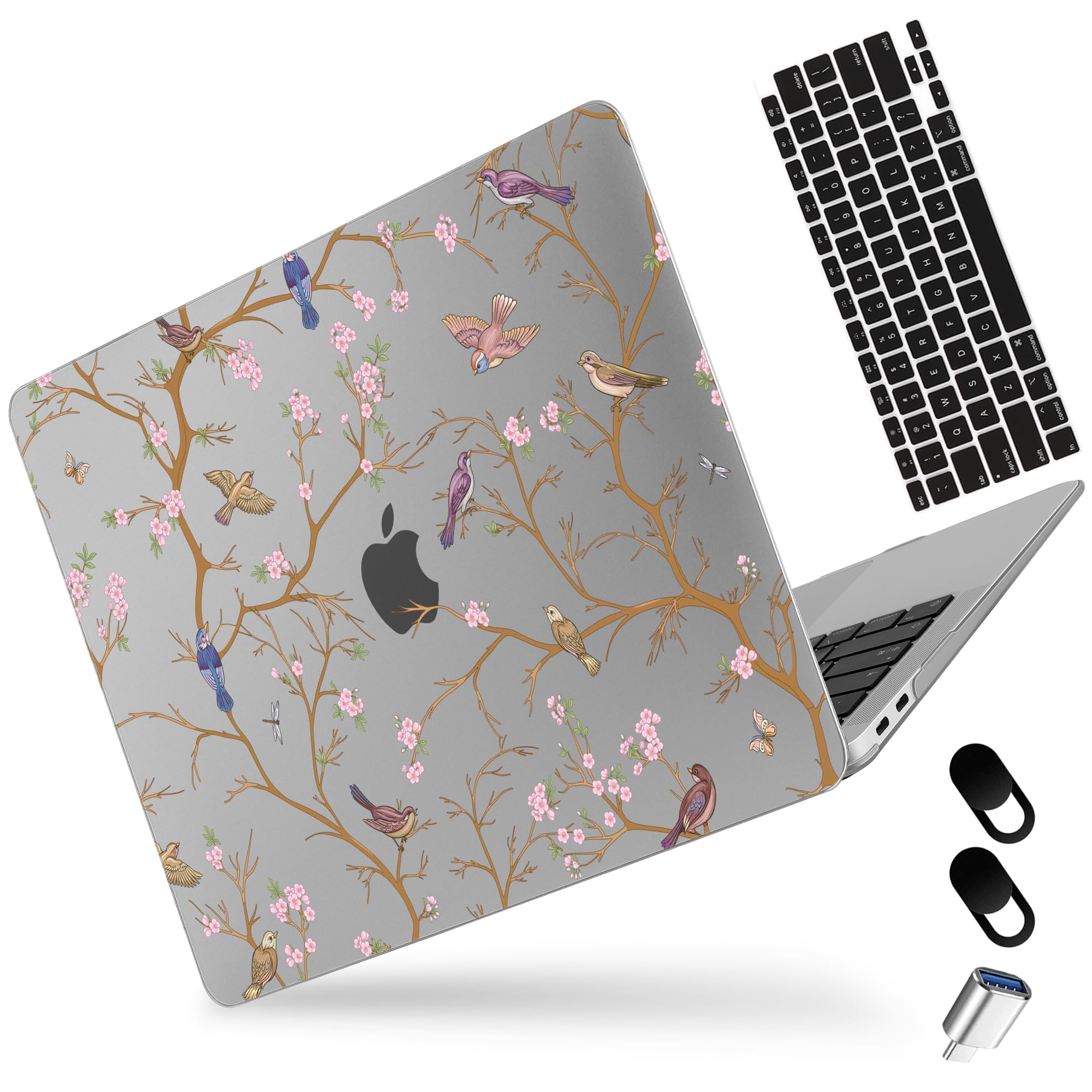 MEEgoodo Clear Case for MacBook Pro 13 inch 2022/2021/2020, Flexible Plastic Hard Shell for M2/M1 MacBooks, Cherry Blossom & Sparrow