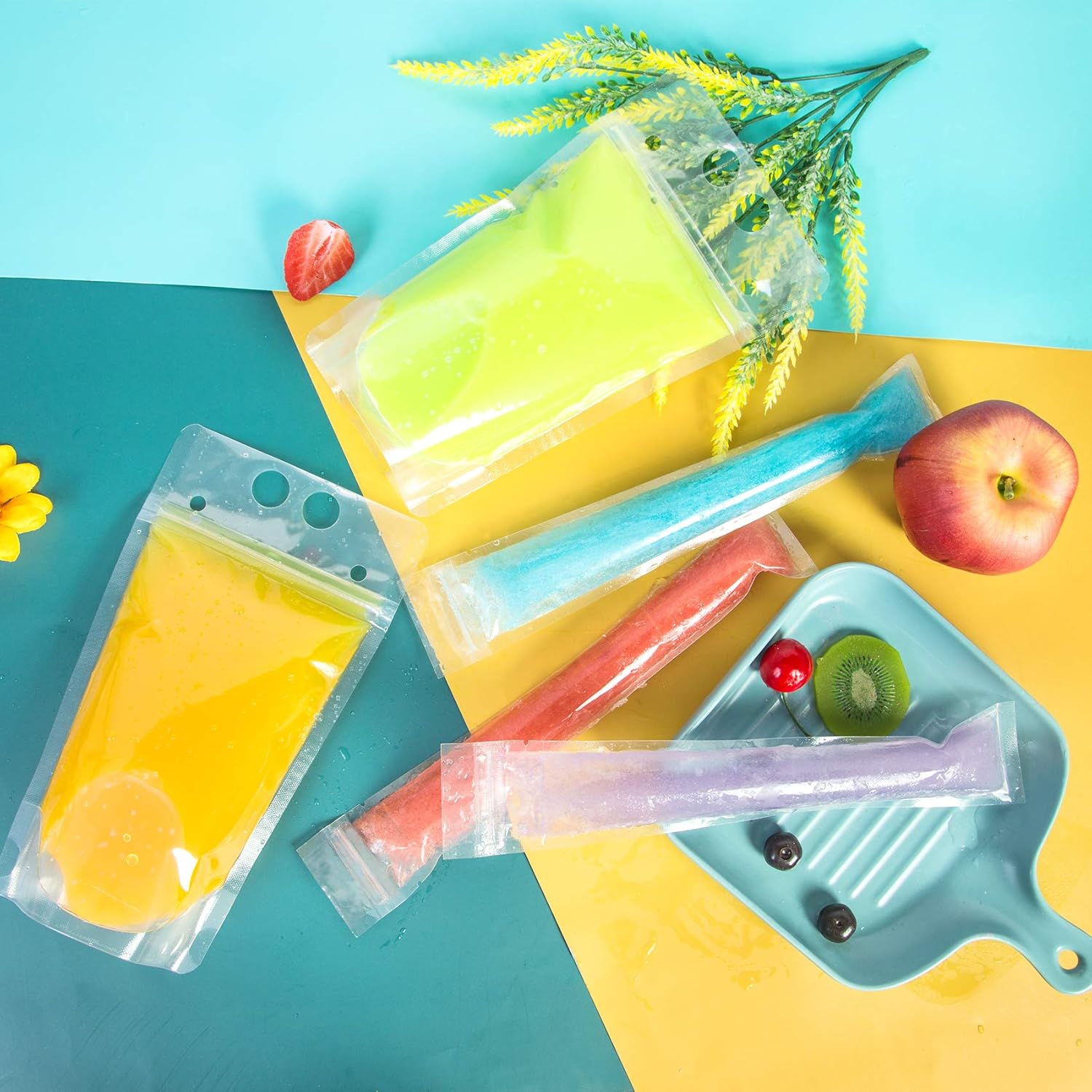 150 Pcs Drink Pouches and Popsicle Bags With Straws - 100 Smoothie Ice Pop Bags, 50 Hand-Held Reusable Pouches for Adults, 50 Straws, Funnel for Cool Summer Party, Cold Hot Drinks