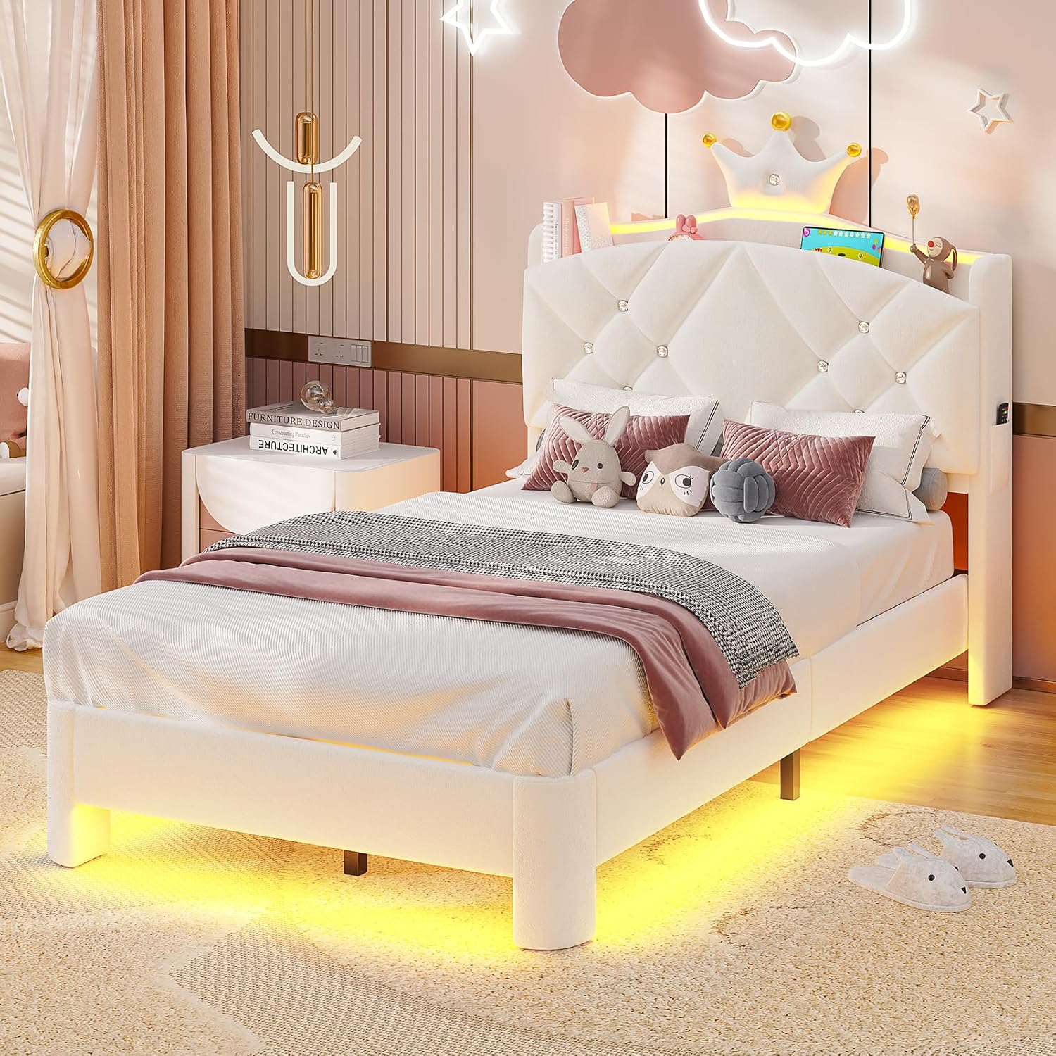 MSmask Twin Bed Frame with LED Lights, Princess Upholstered Bed with Headboard with Charging Station & Crystal Button & Crown, Velvet Platform Bed for Girls, Solid Wood Slats, Curved Legs, Cream White