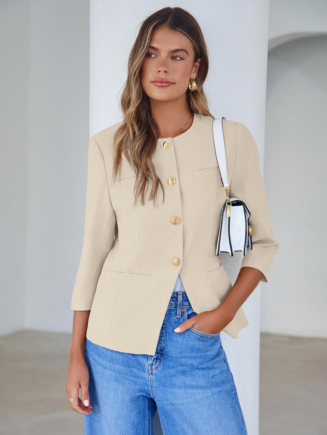 Simplee Womens Business Casual Blazers Spring Fashion Collarless Button Down 3/4 Sleeve Dressy Blazer Jacket Work Outfits - Image 8