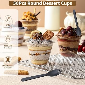 LATERN 50Pcs Plastic Dessert Cups with Dome Lids, 270ml Round Dessert Cup Clear Parfait Appetizer Cup Reusable Serving Bowl with Sporks for Desserts Pudding Mousse Party (9.5cm x 7cm)