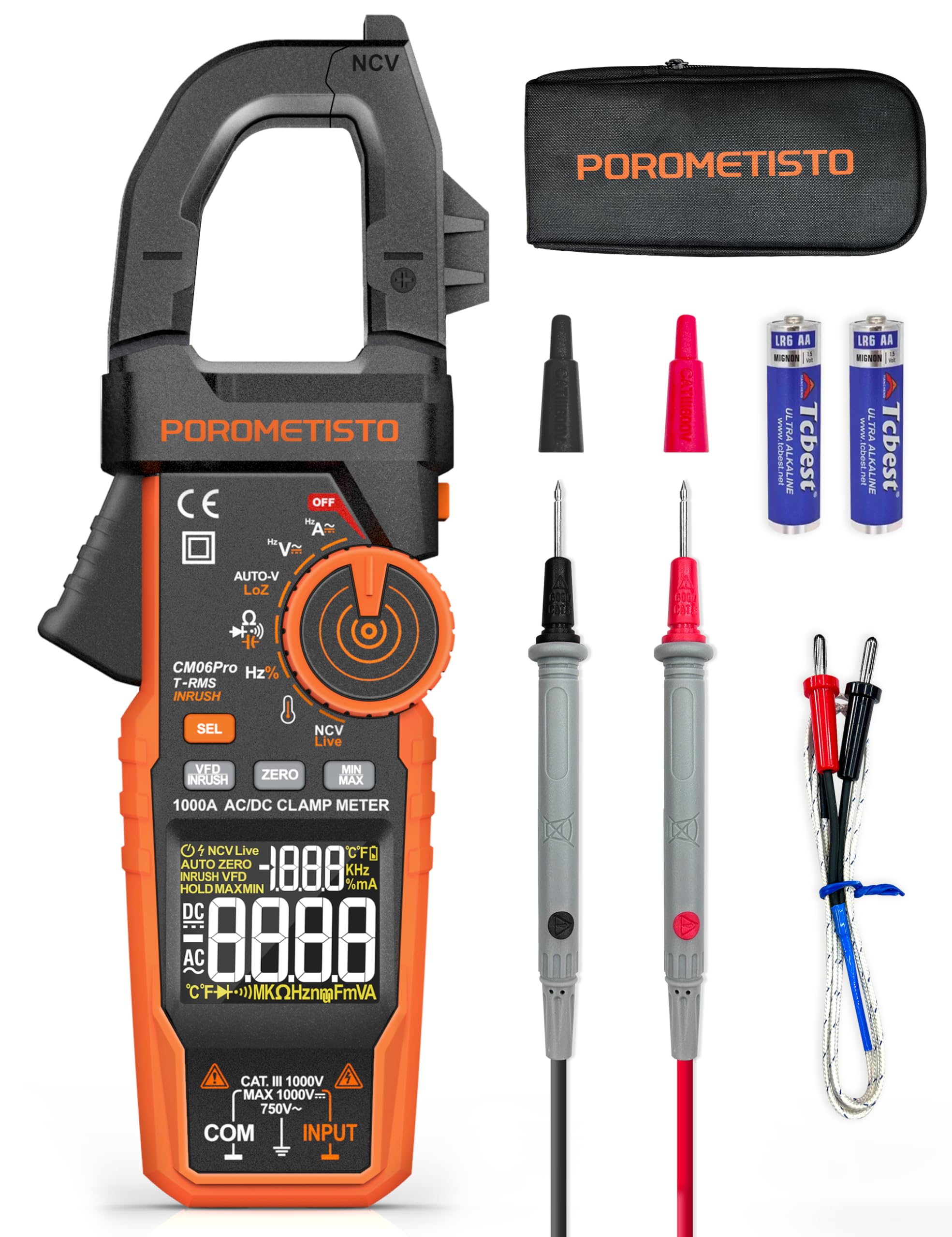 CM06PRO Digitales Strommesszange 6000 Counts True RMS, 1000A AC/DC – mit Einschaltstrommessung & NCV – Multimeter für Strom, Spannung, Widerstand, Kapazität, Temperatur, Leitungserkennung