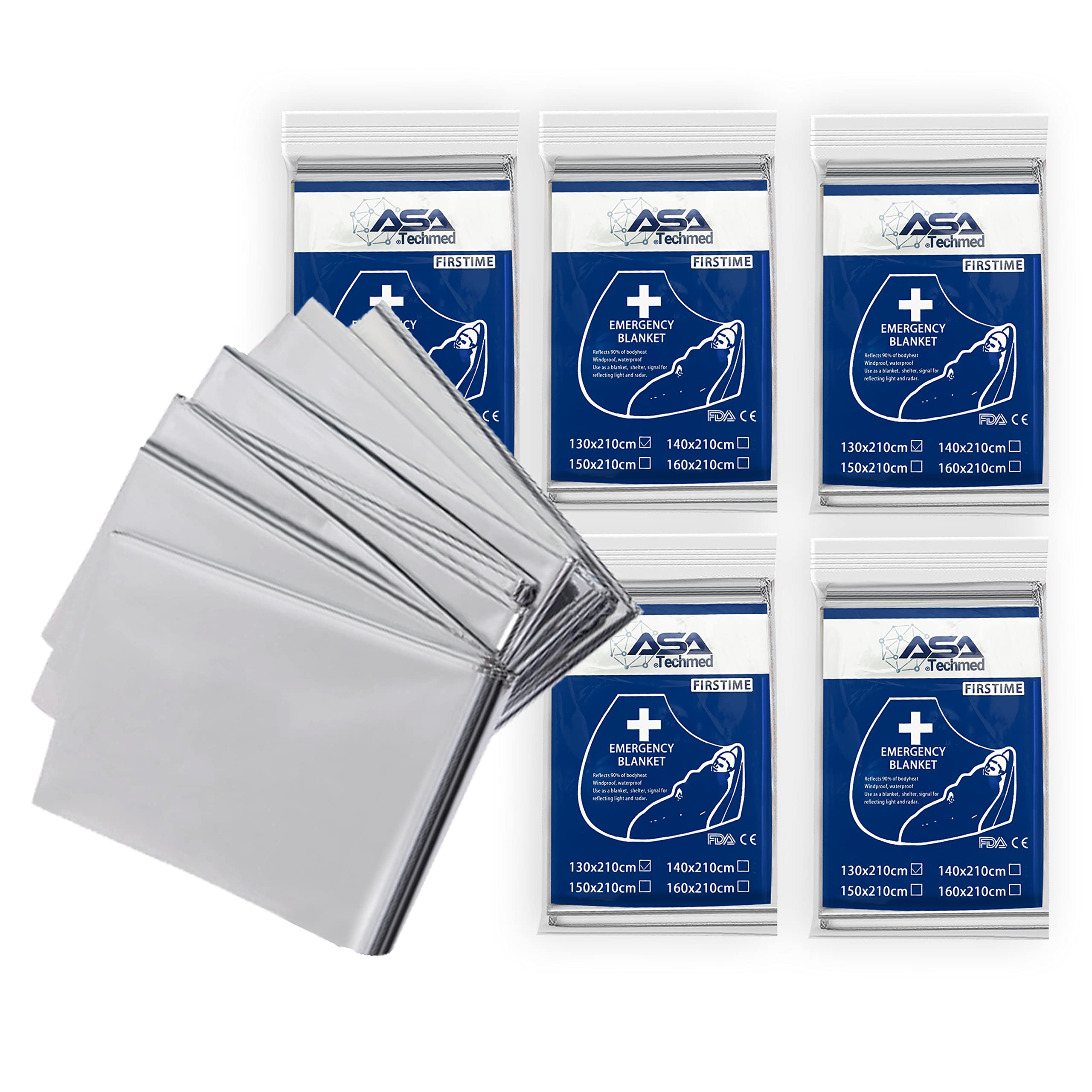 ASA TECHMED Emergency Blanket, Thermal Blankets Silver Foil Space Blanket. Designed for Outdoors, Camping, Survival, First Aid Preparedness Supplies, 5 Pcs