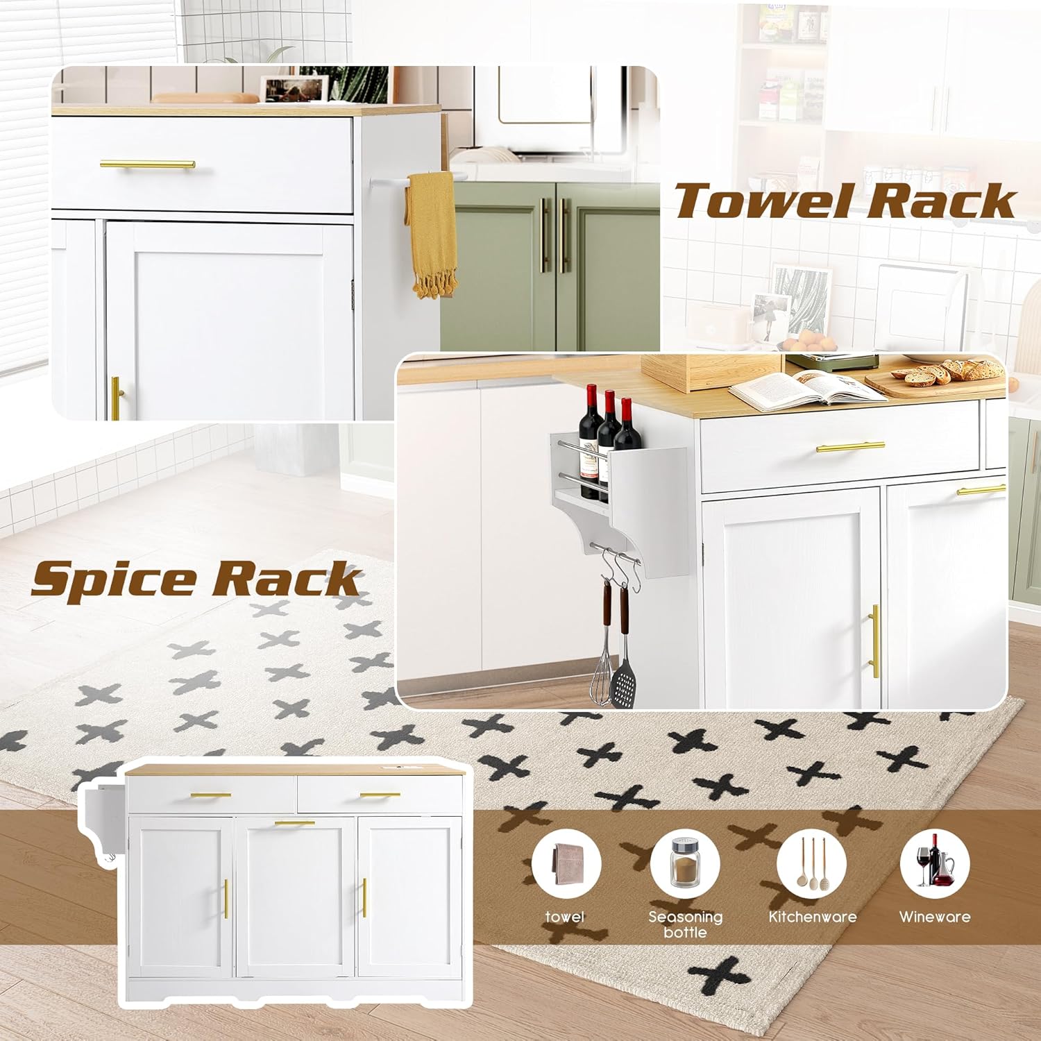 60" Kitchen Island with Power Outlet & Drop Leaf, Rolling Kitchen Island Table Cart w/Trash Can Storage Cabinet, Mobile Kitchen Cabinet on Wheels w/Drawers, Spice Rack, Towel Bar, Hooks (White)