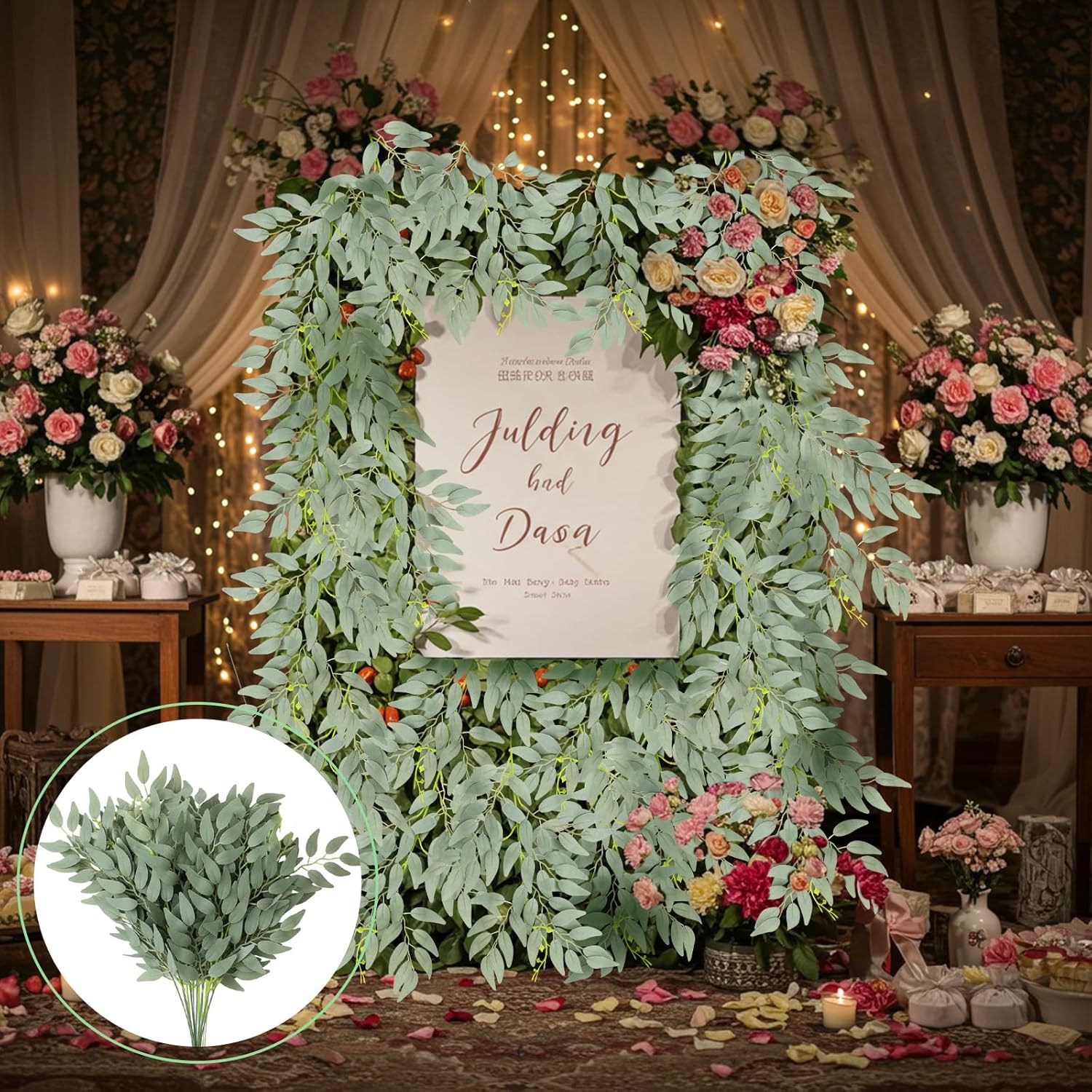 Suncalla 8 Pcs Italian Ruscus Greenery Stems Bulk 21.6'' Artificial Faux Silk Greenery Leaves Garland Branches for DIY Wedding Arch Bouquet Vase Filler Table Centerpieces Home Decor (Gray-Green)