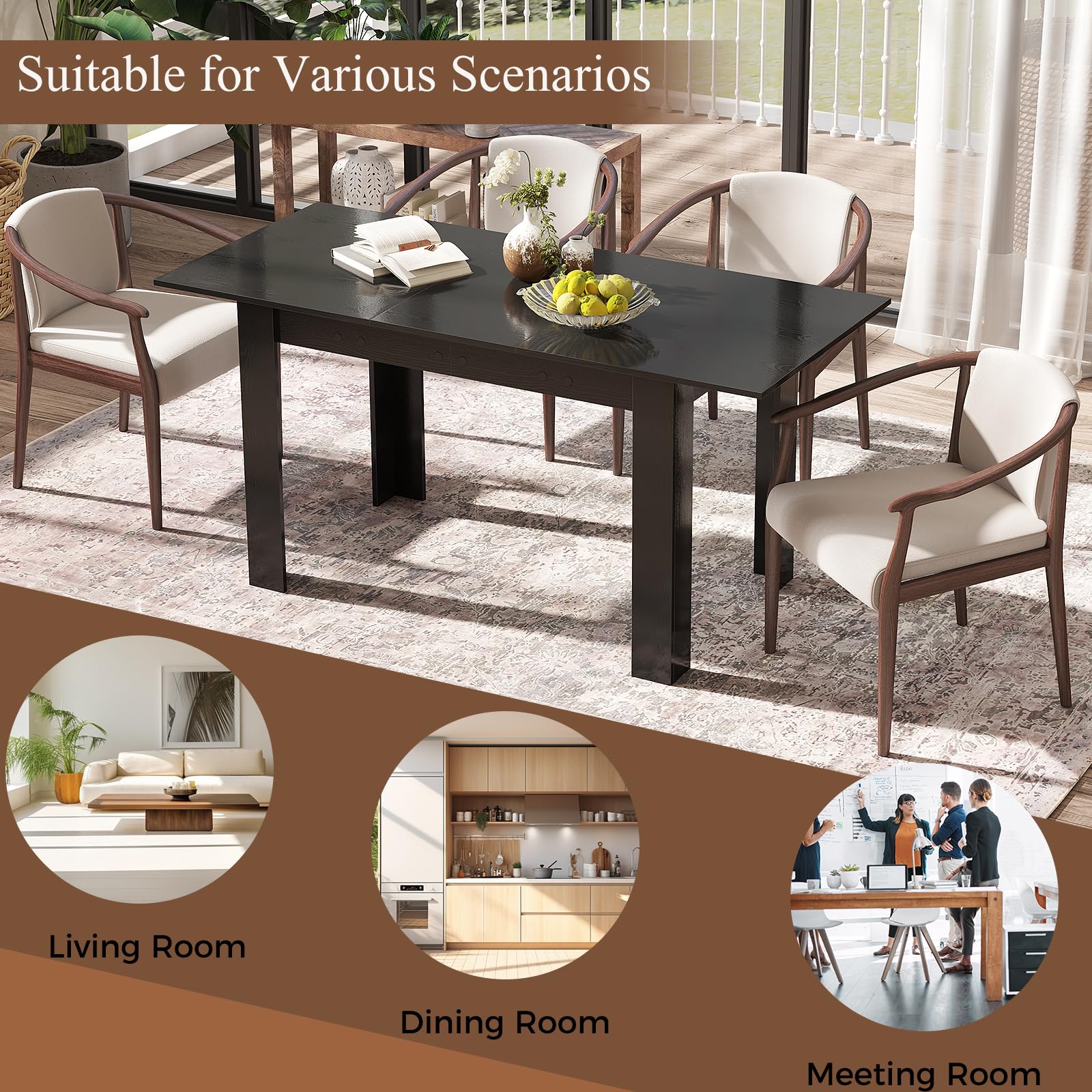 LIFEZEAL Tavolo da Pranzo Allungabile, 158x70cm per 4-8 Persone, Tavolo da Cucina, da Sala da Pranzo, Estensibile, Moderno, in Legno, Ampio Piano, Gambe a Forma di L, Montaggio Facile, Max 110kg, Nero