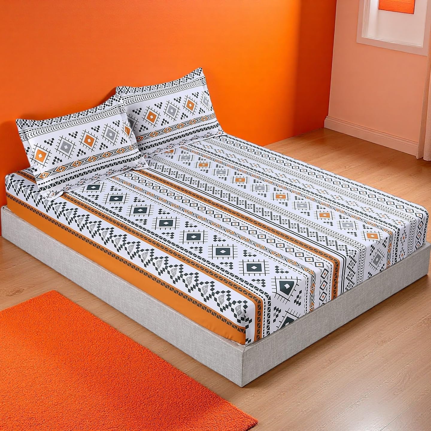MAG 3PCS Colorful Bohemian Bed Sheet Twin Size, Retro Orange Printed Boho, Microfiber Bedding Sheet, 1 Fitted Sheet with 2 Pillowcases, 14 Inches Deep