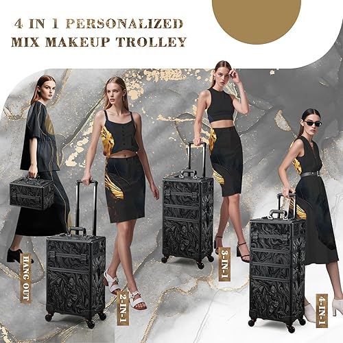 Miniatura 7 de Stagiant Estuche de tren de maquillaje rodante, carrito de cosméticos de gran capacidad, 4 en 1, estuche de viaje de maquillaje con ruedas