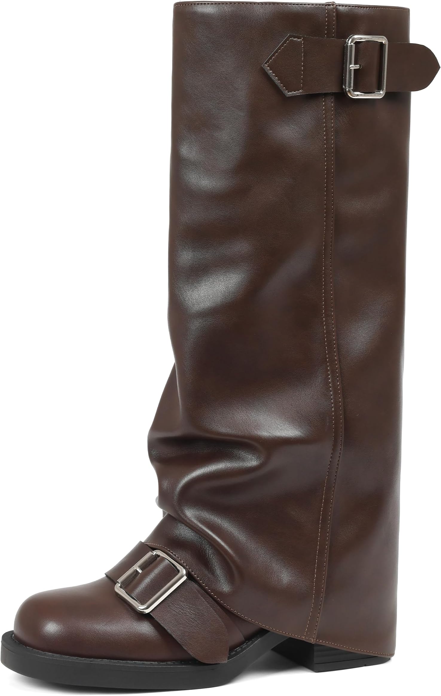 Fold Over Knee High Boots Women Chunky Block Heel Festival Trendy Casual Round Toe Buckle Tall Slouchy Boots for Women Motorcycle Riding Rave Club Pull on Y2K Long boots