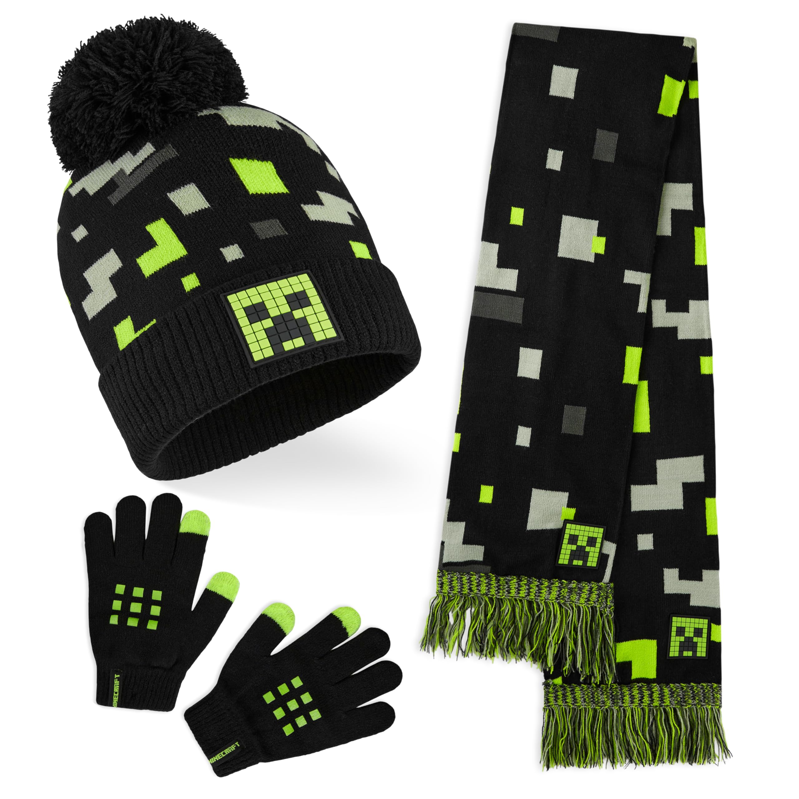 MINECRAFT Berretto Invernale Bambino Set con Cappello e Guanti o Cappellino, Guanti con Sciarpa, Creeper Regalo Ragazzo