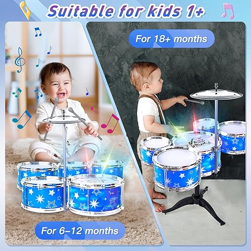 Miniatura 3 de Juego de batería para niños pequeños con luz (todo plástico), regalos musicales juguetes para niños y niñas, kit de batería instrumento musical para
