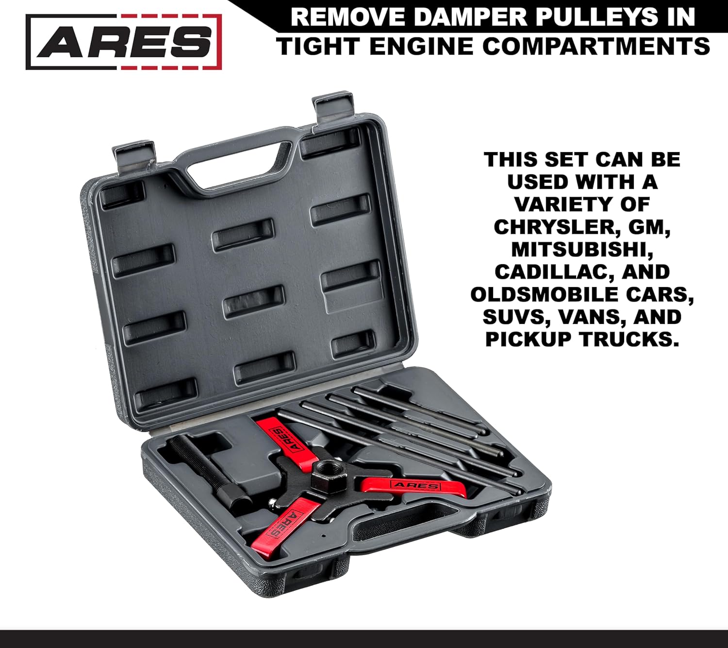 ARES Harmonic Balancer Puller Kit in its case with text listing compatible vehicle brands.