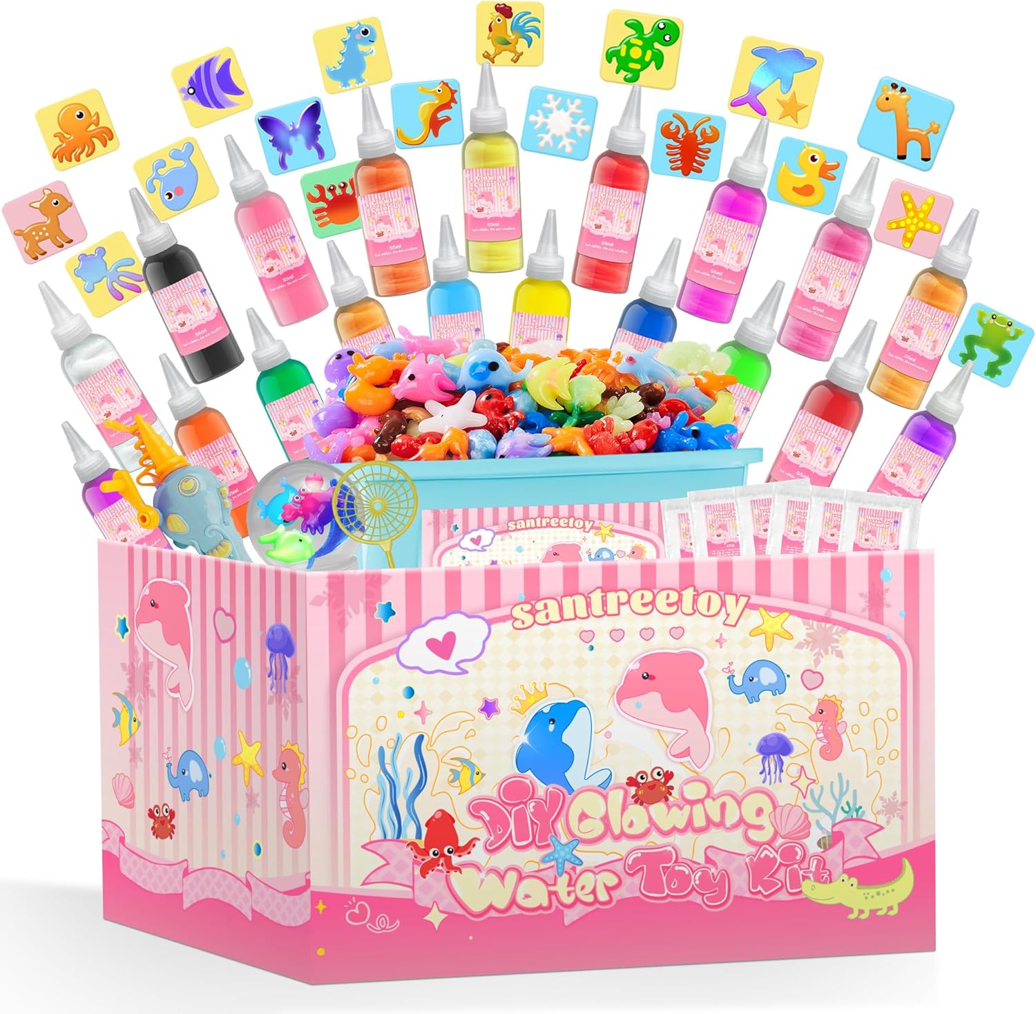 santreetoy Magic Gel Water Elf Toy Kit, 20 Bottles 18 3D Molds Fairy Aqua Gel Kits with Kids Fishing Pole, Glowing Squishies Maker Making Kit with Bottle, Sensory Toys Birthday Gifts for Ages 6+
