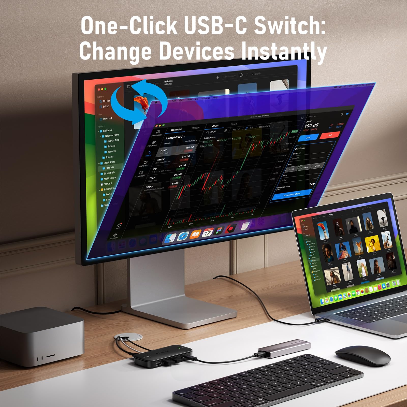 Lemorele Przełącznik KVM USB C z jednym przyciskiem do 2 urządzeń, obsługuje wideo/audio 4K 60 Hz, idealny do stacji roboczych i rozrywki domowej